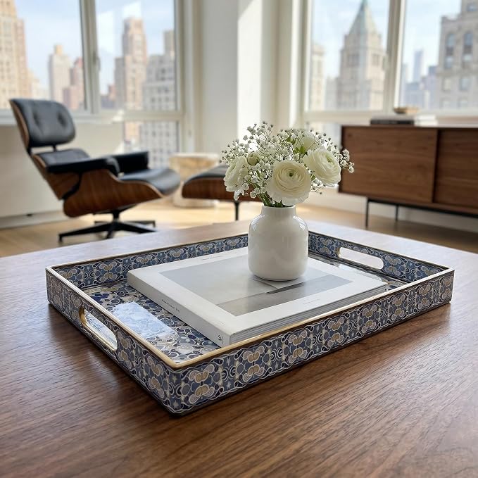 Boho Decorative Tray, Modern Blue Serving Tray with Handles, Ottoman Trays Set of 2, Plastic Coffee Table Tray for Living Room, Bathroom, Kitchen, Decor, Large 15.7”*11.8”, Small 13.7"*9.8"