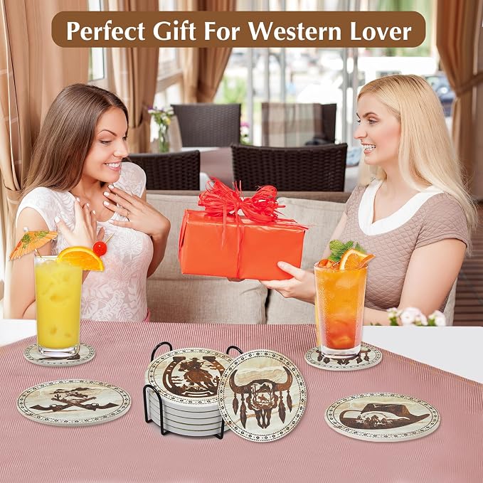 Western Desert Cowboy Coasters for Drinks,Vintage Western Absorbent Coaster for Home Decor,6PCS Stone and Cork Coasters Set with Holder for Coffee Table,Home Living Ideas Gift for Men Women