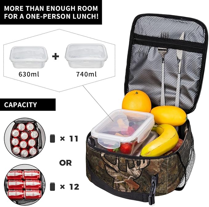Gianlaima Camo Forest Camouflage Deer Insulated Lunch Box For Women And Man, Portable Lunch Bags Reusable Cooler Tote For Office Work Travel Picnic Camping Beach
