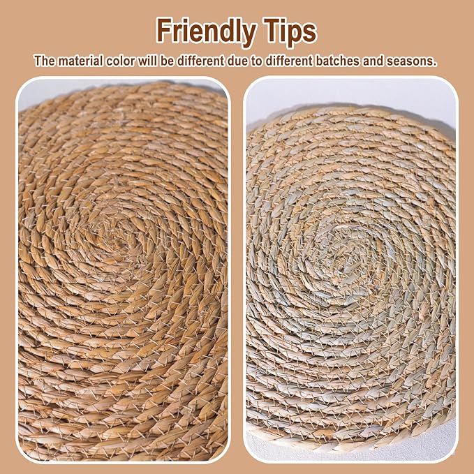 Round Woven Placemats 12 inch Set of 10 - Boho Rattan Placemats Natural Water Hyacinth Placemat, Farmhouse Weave Place Mats, Rustic Braided Wicker Table Mats for Dining Table,Home,Wedding