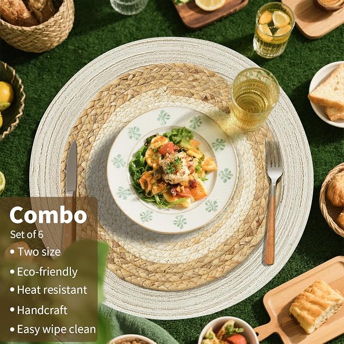 Handmade Round Boho Placemats Set of 6 | Natural Woven & Polyester Braided Combo Table Mats | 12-Piece Versatile Place Mats | Simple Rustic Farmhouse Style Dining Table Decor, Ivory