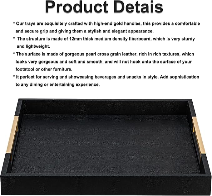 Black Faux Leather Decorative Serving Tray with Handles – Large Square for Coffee Table, Ottoman, Living Room & Bathroom Home Decor