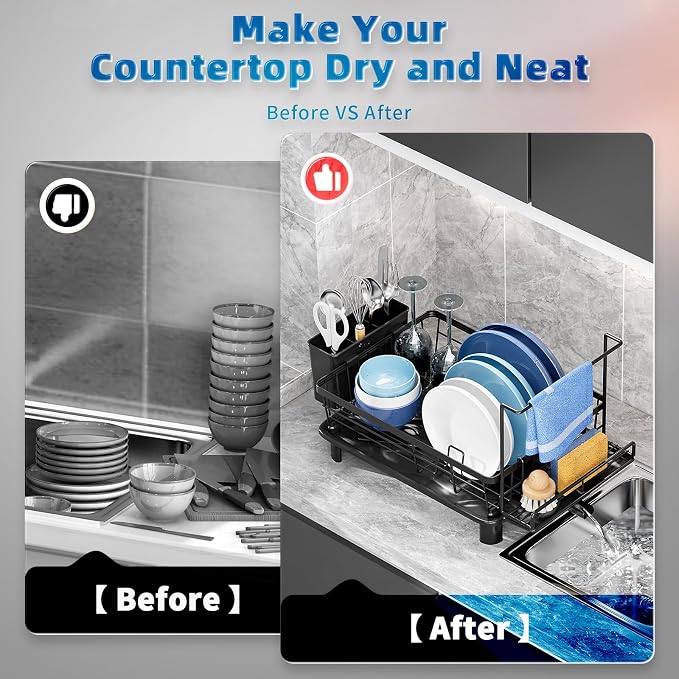 Dish Drying Rack, Stainless Steel-Dish Rack, Dish Racks for Kitchen Counter, Kitchen Dish Drainers with Removable Utensil Holder,New drain outlet,Plate Rack and Drainboard,(Black2 with Sponge Rack )