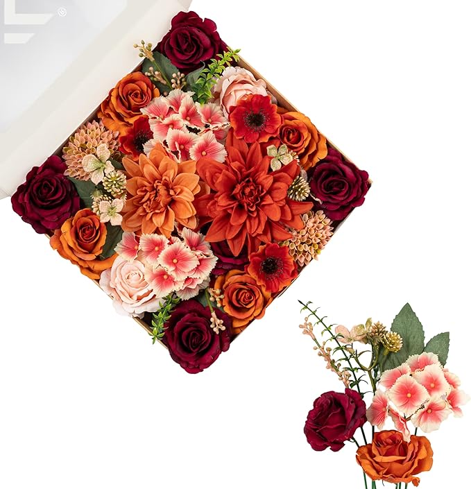 FANKO Artificial Flowers for DIY, Burgundy Burnt Orange Blush Pink Faux Flowers Bouquet, Fake Rose Poppy Dahlia Daisy Silk Flowers for Vase, Home Decor, Celebrations, Summer Wedding, Birthday, Party