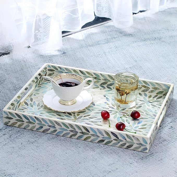 i-lan Set of 2 Mother of Pearl Serving Trays (16" & 14") with 2 Caviar Spoons – Rectangular Wooden Ottoman Tray with Sea Shell Inlay – Decorative Nesting Platters for Coffee Table, Vanity & Breakfast