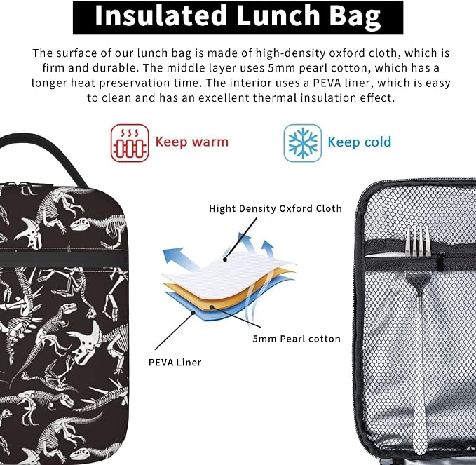 YETTA YANG Dino Dinosaur Skeleton Halloween Portable Lunch Bag Insulated Lunch Box Reusable Totes For Women Men Work Picnic Camping