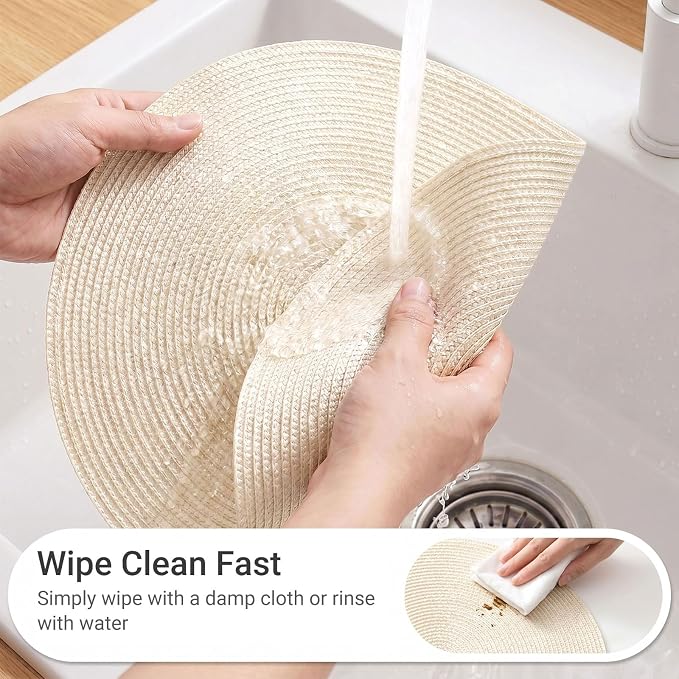 FunWheat Round Braided Placemats Set of 4 Table Mats for Dining Tables Woven Washable Non-Slip Place mats 15inch (Beige, 4pcs)