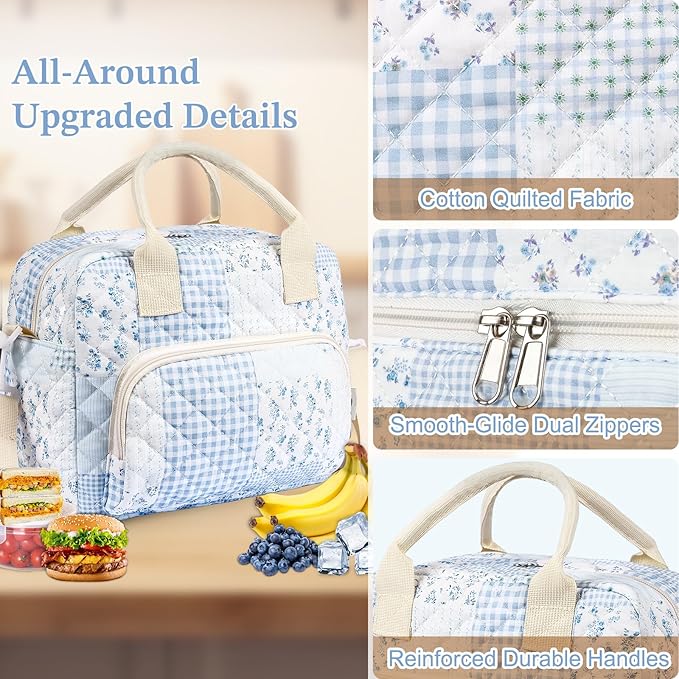 WOBAGMEN Quilted Lunch Box for Women, Insulated Lunch Bag for Adult,Cute Lunch Tote Bags for Work Picnic Travel(green blue pin,M)