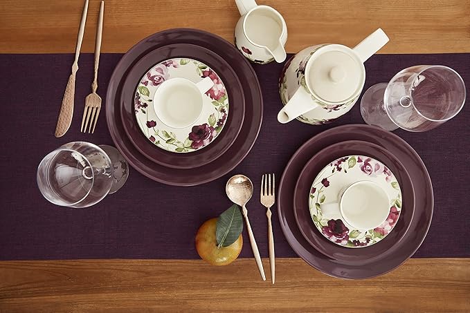 Solino Home Linen Chambray Burgundy Table Runner 144 Inches Long - Athena, 100% Pure Linen 14 x 144 Inch Table Runner