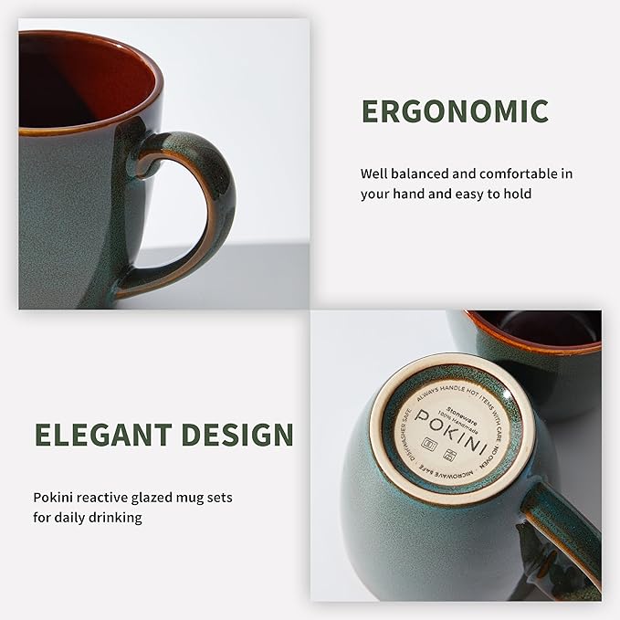 Pokini Coffee Mug 14 oz, Ceramic Coffee Mugs Set of 6, Reactive Glaze Mug for Latte/Tea/Cappuccino, Large Stackable Mug Set for Men, Women, Dad, Mom, Dishwasher & Microwave Safe, Brown Green