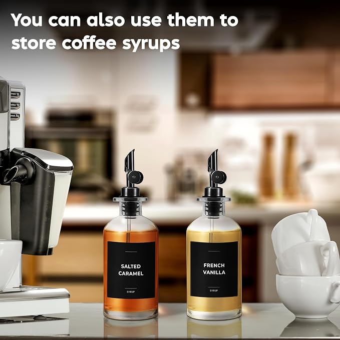 Spaceneat Oil Dispenser for Kitchen - Glass Olive Oil Bottle Set of 2 (11.8oz) with Black Weighted Self-Closing Pourer - Cooking Oil Dispenser with 66 Labels, Aligner & Funnel