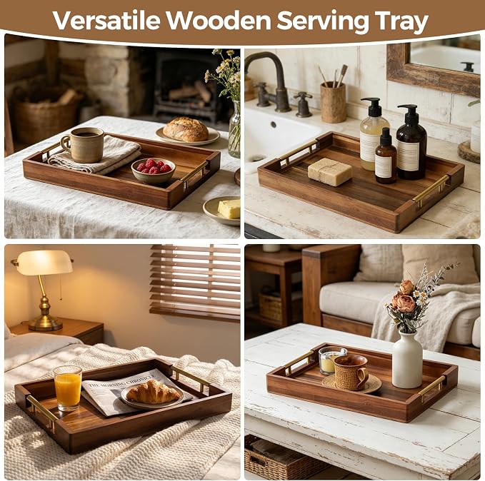 Acacia Wood Serving Tray with Golden Handles, 17x12 in Large Wooden Tray for Ottoman, Coffee Table, Breakfast in Bed, Bar, Rectangular Decorative Tray for Modern Farmhouse Decor
