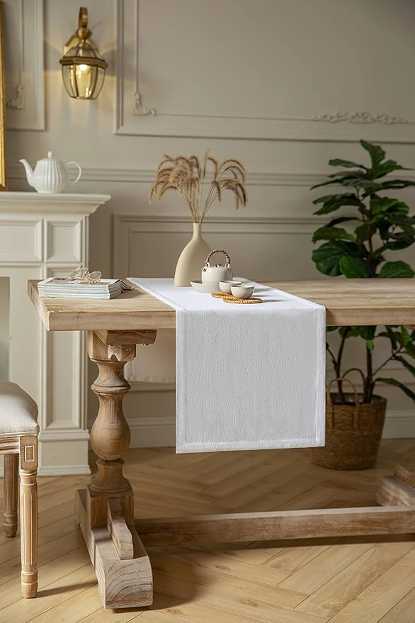 ZeeMart Burlap Style Farmhouse Table Runners 36 Inches Long, White Rustic Woven Dining Table Runner for Everyday Use, 14x36 Inches, White