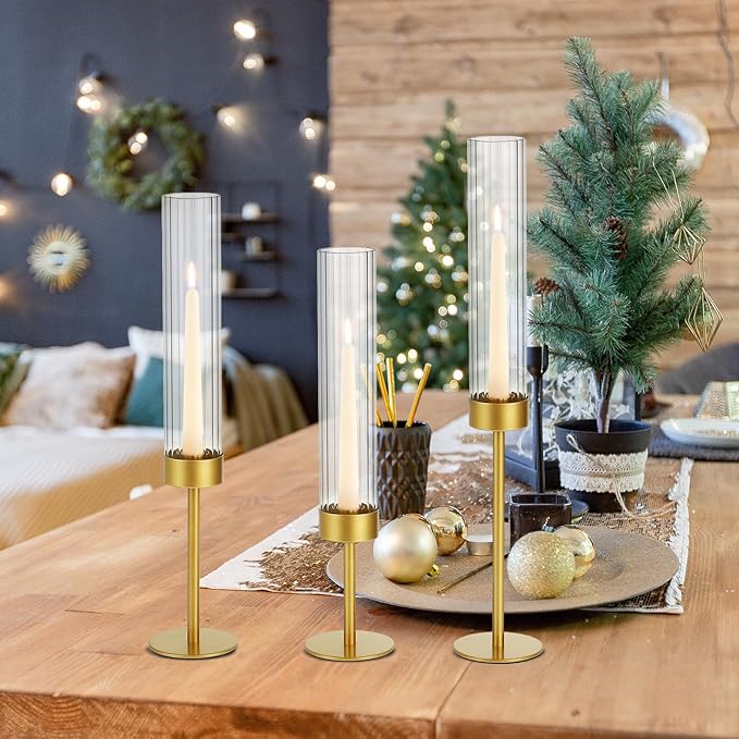 Glass Hurricane Candle Holders Set of 18-Gold Metal Base Taper Candle Stick Holders for CandlesticksHolder Decor, Elegant Dining Table Centerpiece for Wedding, Christmas & Home Decor-Ribbed Glass