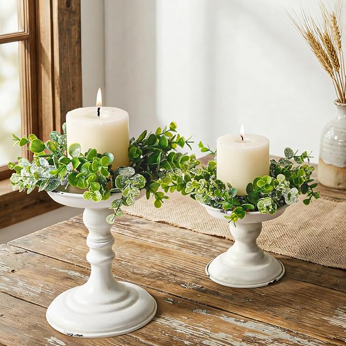 Rustic Iron Pillar Candle Holder: White Farmhouse Candle Holder with Greenery Wreaths Set of 2, Elegant Large Candle sticksholder Decor for Wedding, Coffee Table Centerpieces, Living Room, Home Decor