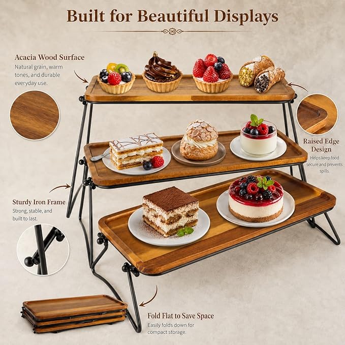 RHBLME Tiered Tray Stand, Acacia Wood Dessert Table Display Set, 3 Tier Cupcake Stand and Towers Serving Tray for Party, Decorative Tiered Tray Rustic Wood Serving Platters and Trays