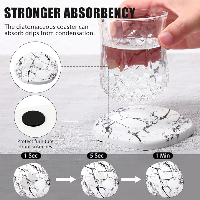 Diatomaceous Earth Coasters Set of 4，Cool Absorbent Quick-Dry Drink Coasters for Desks, Cute Modern Stone Design with Stylish White Aesthetic (4, Marble White)