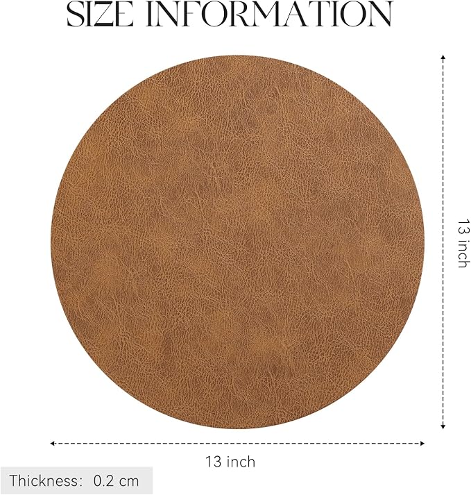 MOSAYT 13 Inch Round Vinyl Placemats Set of 8 - Faux Leather 100% Waterproof Oil-Proof Wipeable PU Place Mats, Heat Resistant Reversible Table Mats for Kitchen, Dining, Outdoor, Reddish Brown