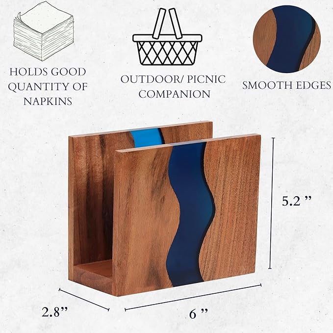 Acacia wood & Transparent Epoxy resin Napkin holder for table, Rustic farmhouse napkin organisation for kitchen, dining, counter tops, restaurant or outdoors | 6x5x2.5 inches| Blue