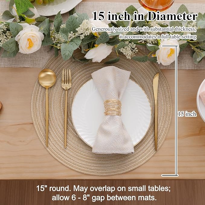 SHACOS Round Braided Placemats Set of 8 Cotton Fabric Round Table Mats Non Slip Washable 15 inch Round Place Mats Home Party Table Decor (Beige, 8)