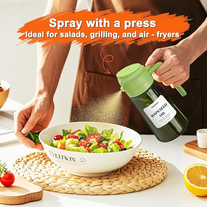 mqnxoi Oil Sprayer for Cooking, 2 in 1 Olive Oil Dispenser Bottle for Kitchen, 16oz/470ml Premium Glass, Food-grade Oil Mister for Air Fryer, Salad, Frying, BBQ (Green + Dark Green Bottle)
