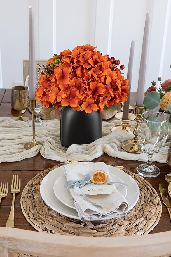 Briful Autumn Hydrangea Artificial Flowers in Black Square Ceramic Pot, Burnt Orange Silk Hydrangea Flowers Realistic Potted Fake Flowers with Berries for Home Decor Indoor Wedding Table Centerpieces