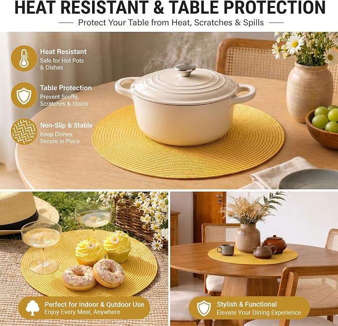 FunWheat Round Braided Placemats Set of 6 Table Mats for Dining Tables Woven Washable Non-Slip Place mats 15inch for Spring(Yellow, 6pcs)