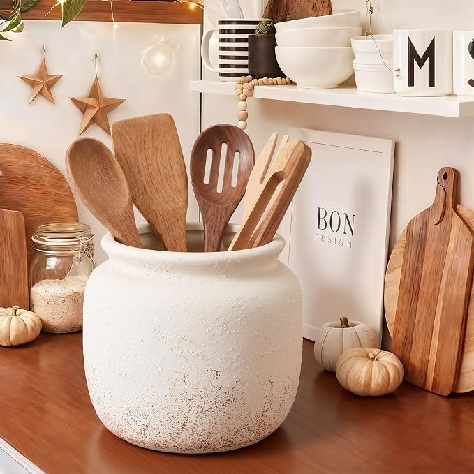 Qinyoung Rustic Kitchen Utensil Holder 6 Inch Small Ceramic Utensil Holder with Handle Vintage Beige Crock Decoration Spatula Organizer for Kitchen Countertop Farmhouse Party Supplies