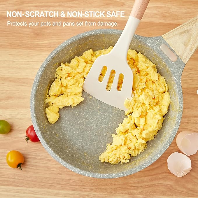 Kitchen Utensils Set - 34 PCS Non-Stick Silicone Cooking Utensils Set Spatula Set with Holder, Wooden Handle Spoon,Brush,Whisk Kitchen Gadgets Tools Set for Nonstick Cookware (Cream White-34P)