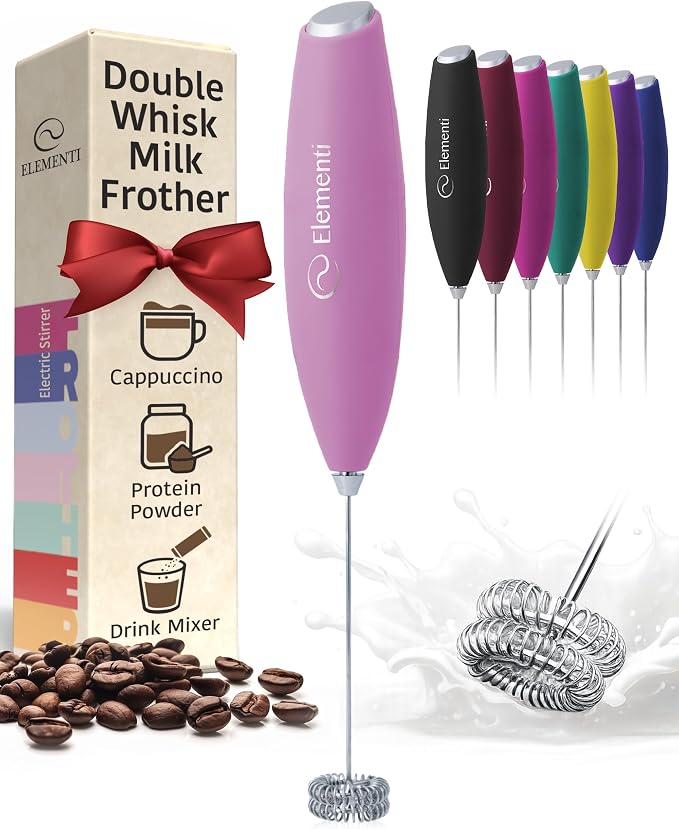 Elementi Milk Frother Wand - Easy to Use Handheld Electric Stirrer for Powder Drinks, Durable & Powerful Coffee Whisk & Protein Powder Mixer Wand, Hand Frother, Coffee Stirrers Electric (Pastel Pink)