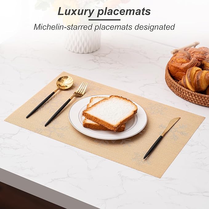CADONO Placemats Set of 6 Washable Indoor/Outdoor Vinyl Place Mats for Dining Table Durable Non-Slip Heat Resistant PVC Weave Table Mats（Christmas Snow-Gold）