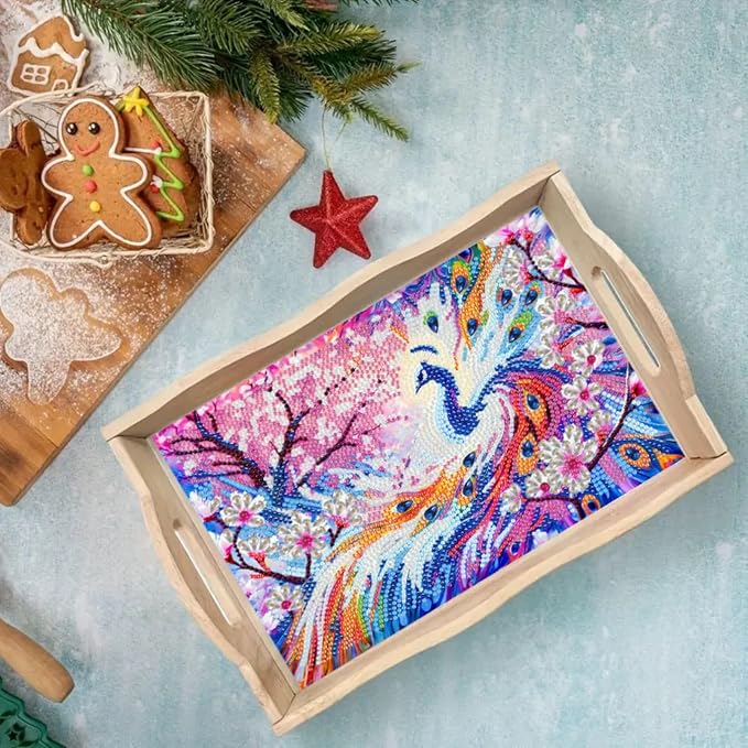 DIY Diamond Serving Tray Rectangular Wooden Breakfast Tray with Handle Handmade Diamond Art Painting Spring Creative Dinner Plate Coffee Room Living Home Organizer-Peafowl