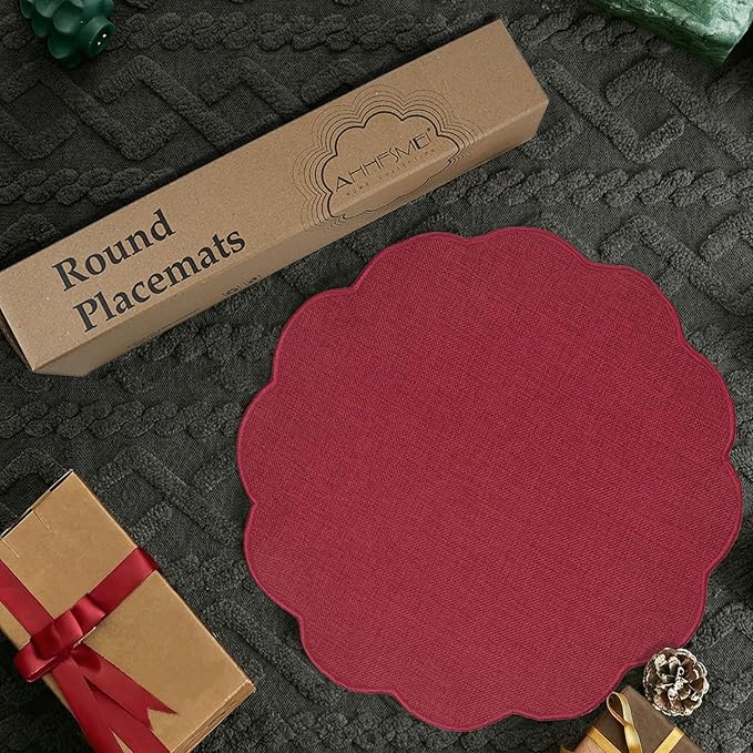 AHHFSMEI Round Faux Linen Placemats Set of 6 Heat Resistant Non-Slip Stain Proof Table Mats for Kitchen Dining Elegant Decor Place Mats (Burgendy red,6)