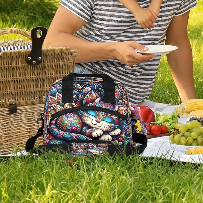 Pardick Art Cat Flower Insulated Lunch Bag for Women Leakproof Lunch Box Large Cooler Thermal Tote Bag with Shoulder Strap Meal Prep Bags for Work School Office Picnic Teen Girls Adult
