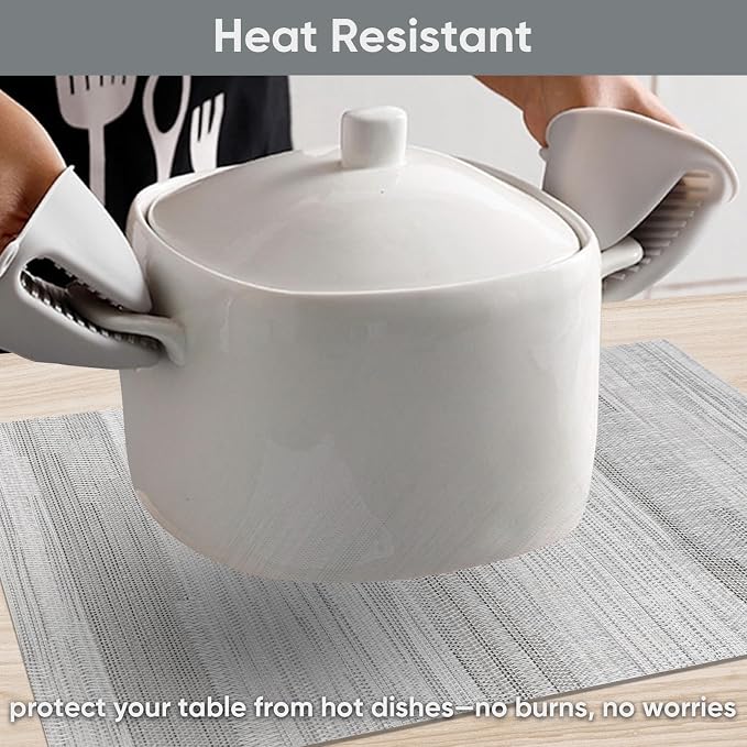 Gray Woven Placemats Set of 6 – Heat Resistant, Waterproof & Easy to Clean – Durable Synthetic Dining Table Mats for Kitchen, Restaurant & Outdoor Use