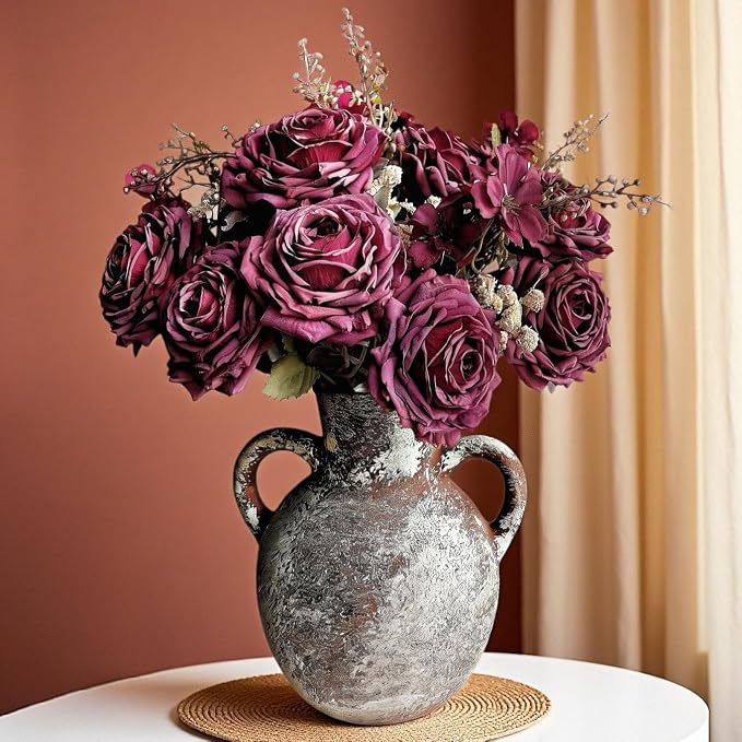 Flower Arrangement with Terracotta Vase, Pre-Arranged Faux Roses & Mixed Flowers Centerpiece for Rustic Farmhouse Table Decor/15”