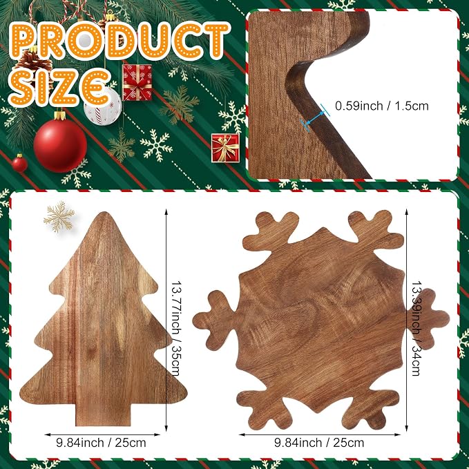 Umigy 2 Pcs Christmas Charcuterie Boards Christmas Tree Wooden Cutting Board with Handle Antler Acacia Wood Cute Cutting Board for Cheese Fruit Bread Salad Vegetables Snack Dessert(Snowflake Style)