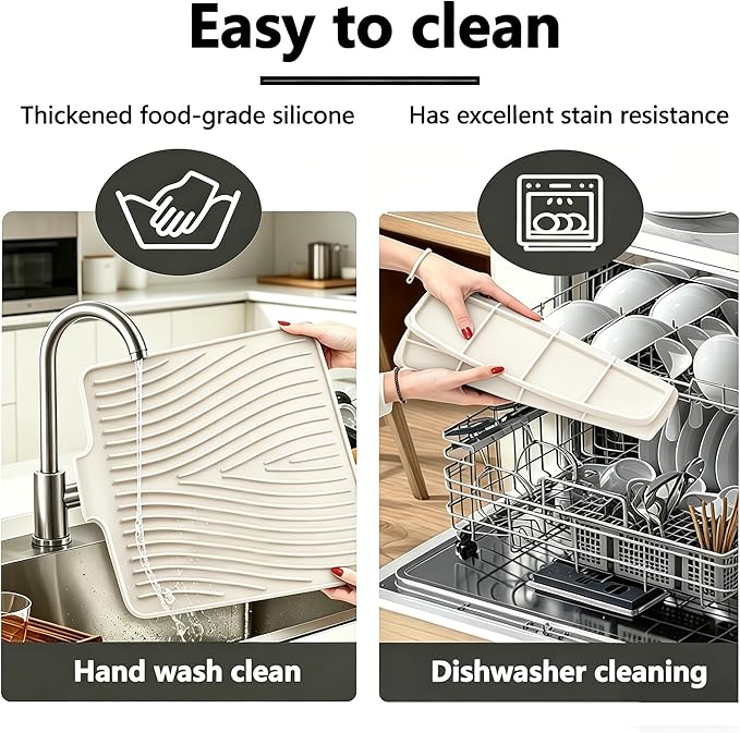 Silicone Dish Drying Mat,Dish Drying Pad,Kitchen Accessories,with Built-In and Non-Slip Drain,Easy Clean, Fit for Kitchen, Bar, RV, Refrigerator and Drawer Liner, 19.7*17 in Off White 1PCS by EBIGIC