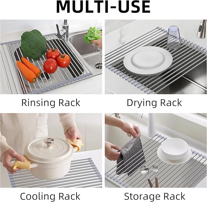 Over Sink Dish Drying Rack, 17" L x 11.8" W, Roll Up Dish Drying Rack for Kitchen, Gray