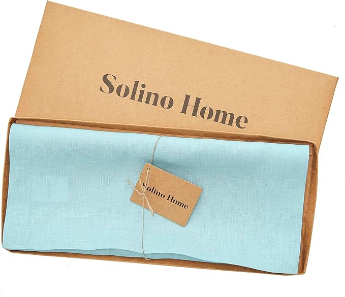 Solino Home Linen Aqua Blue Table Runner 108 Inches Long - 100% Pure Linen 14 x 108 Inch Table Runner for Dining, Spring, Summer - Fete