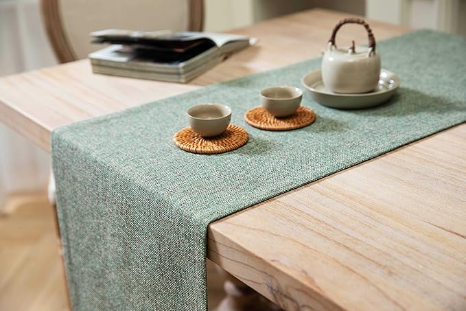 ZeeMart Burlap Style Farmhouse Table Runners 90 Inches Long, Green Rustic Woven Dining Table Runner for Everyday Use, 14x90 Inches, Mineral Green
