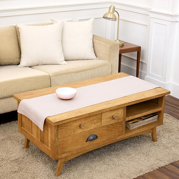 Solino Home Linen Pink Table Runner 60 Inches - 100% Pure Linen Small Table Runner 14 x 60 Inch Ideal for Dresser and Coffee Tables, Spring, Summer - Fete