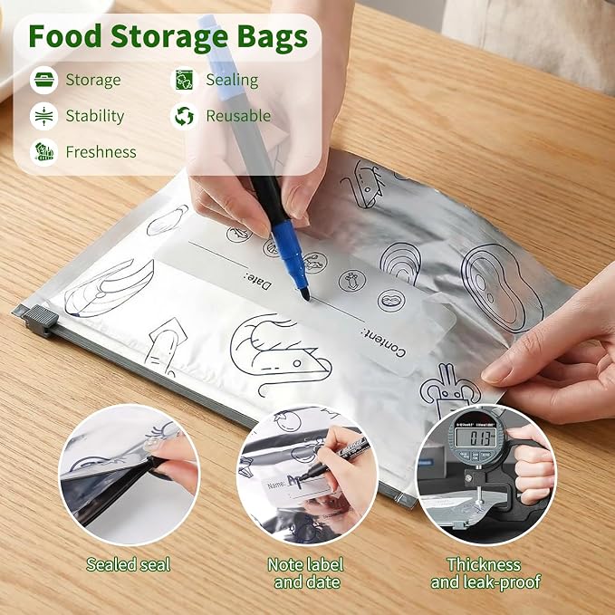 30 Pack Reusable Sealable Aluminum Foil Storage Bags + 10 Pack Leakproof Dishwasher Safe Silicone Freezer Bags - BPA Free Zipper Pouches for Vegetable Fruit Meat, Stand Up Aluminum Foil Storage Bags