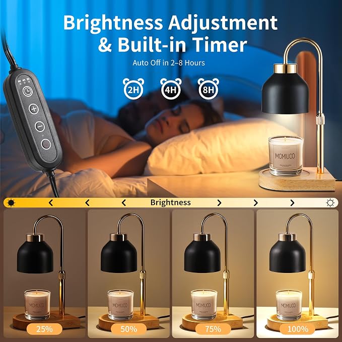 Candle Warmer Lamp with Timer, Height Adjustable Wax Melt Warmer | Modern retro black glass shade, wood base, aesthetic home decor, birthday gifts for women mom, jar candles dimmer