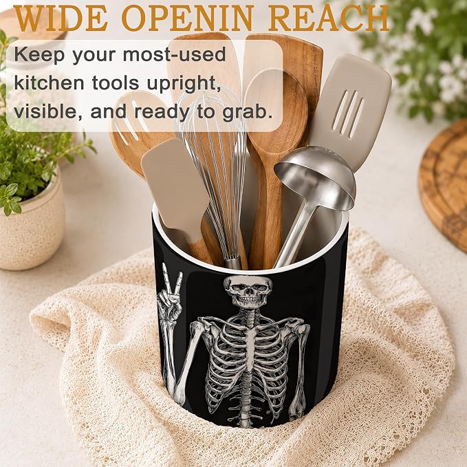 Utensil Holder for Countertop,Funny Skull Ceramic Utensil Crock Organizer for Home Kitchen Spoons,Spatulas and Cooking Tools