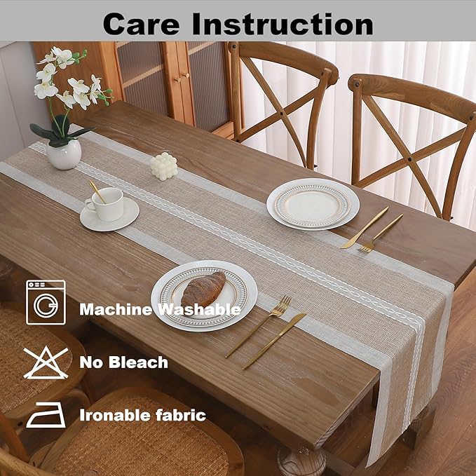 Gernaice Boho Table Runner, Rustic Cotton Linen Farmhouse Table Runners for Dresser End Coffee Table Home Decor, 36" L X 13" W Brown