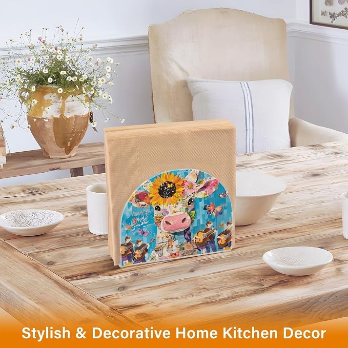 Fustylead Cute Cow with Sunflower Butterfly Napkin Holder for Table Acrylic Vertical Napkin Holders for Paper Napkins Decor Napkin Dispenser for Home Party Dining Cocktail Kitchen Accessories, 2 Pack