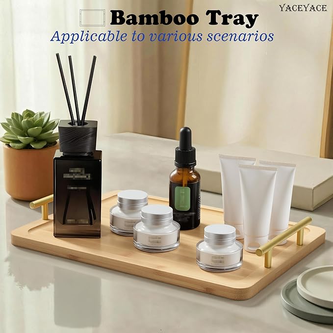 Serving Tray with Metal Handles, 14" x9.5 x1.75 Medium Bamboo Serving Trays for Home Decor, Bathroom, Kitchen Counter, Coffee Table
