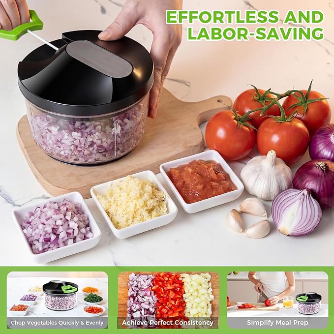 LHS Manual Food Chopper Vegetable Cutter, Hand String Vegetable Chopper Onions Cutter for Vegetable Fruits Nuts, (800ml,BLACK)