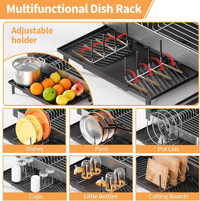 Urackify Large Dish Drying Rack, 304 Stainless Steel Dish Rack for Kitchen Counter, Expandable Dish Drainer with Cutlery Holder, Multifunctional Space Saving Organizer, Black